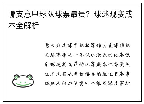 哪支意甲球队球票最贵？球迷观赛成本全解析